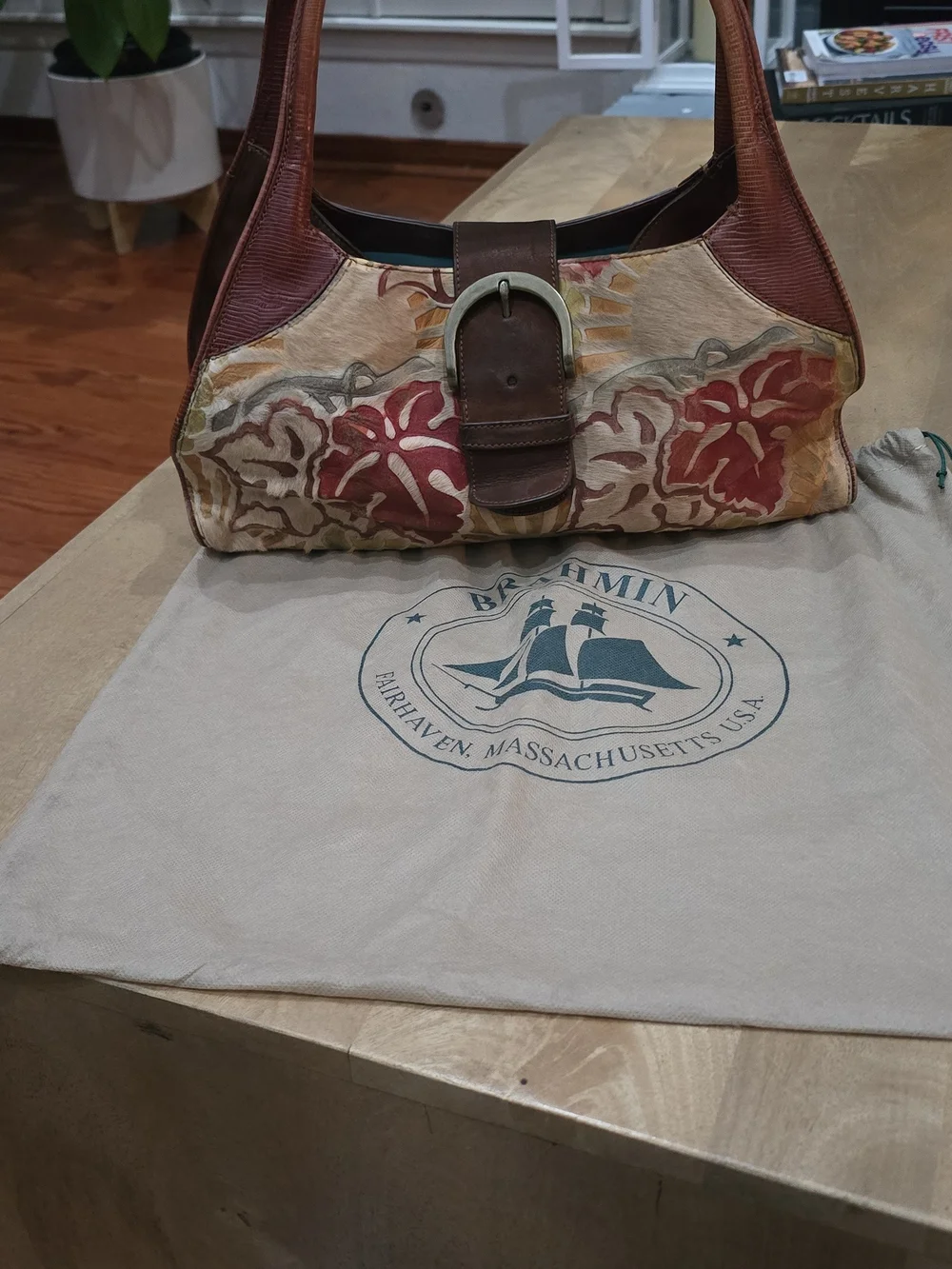 Vintage Floral Leather Tote Handbag - Brown & Red